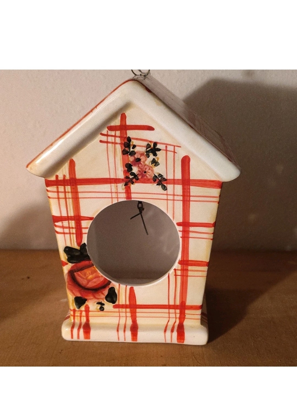 Hand-Painted Ceramic Birdhouse with Red Plaid and Floral Accents - Picture 1 of 1
